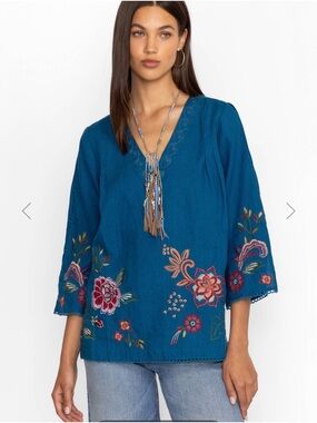Johnny Was Messine Teal Embroidered V-Neck Tunic 100% linen